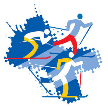 Skiers on the grunge background.
Three colorful grunge stylized cross country skiers. Vector available