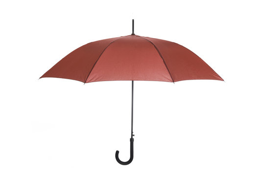 Red umbrella with black handle on white
