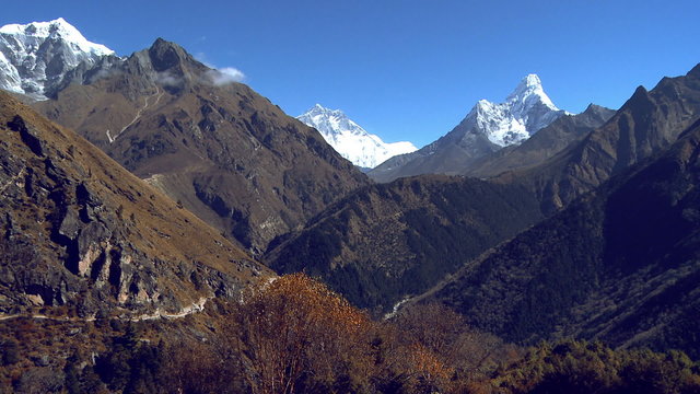 Himalayan peaks and valleys panorama.