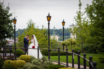Romantic newlywed couple, groom kissing bride in european park w