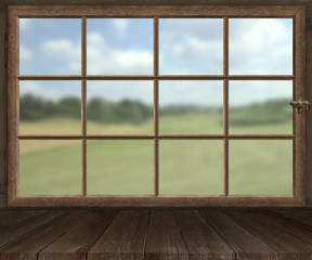 Holzfenster mit Sprossen im Sommer