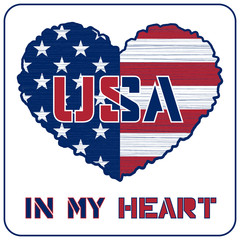 American flag as heart shaped symbol. Patriotic Typography Graphics. Mans T-shirt Printing Design. Fashion Print for sportswear apparel. Grunge and military style. illustration