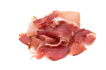 Slices of ham on white background.