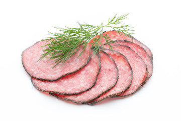 Sausage slices isolated on white background cutout.