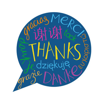THANK YOU speech bubble with translation in handdrawn font