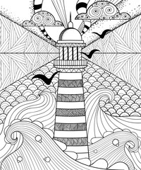 Hand drawn artistically ethnic ornamental patterned Lighthouse w