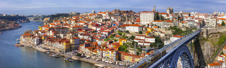 panorama of beautiful Porto - view with famous bridge of Luis, Portugal - obrazy, fototapety, plakaty