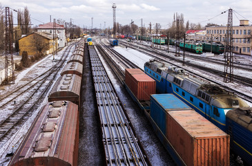 Fototapeta premium freight trains with carriages at the station. top view