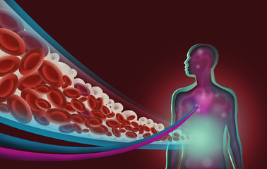 A Human Figure with a Diagram Cut Out style of Moving Lipids or Fatty Acids and Red Blood Cells. Medical Image Symbolism for Hypertension, Nutrition, Diabetes and more. Raster jpg Illustration.
