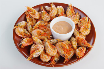 Roasted shrimps on plate.