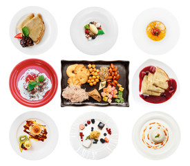 Set of various desserts on white background