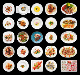 Set of various seafood dishes isolated on black