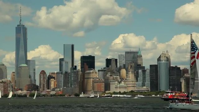 View of the Skyscrapers in New York while floating the Hudson River.