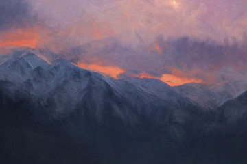 Dramatic mountains in the evening, digital painting illustration - obrazy, fototapety, plakaty