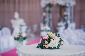 Beautiful wedding ceremony design decoration elements with arch, floral design, flowers, chairs and balloons