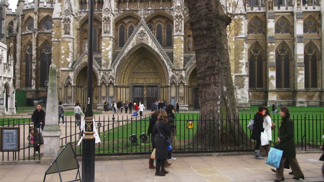Shot of the doors of Westminster Abbey in London.
