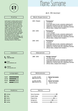 Vector creative resume template. Minimalistic green mint and white style. CV light infographic elements. Business personal job document.