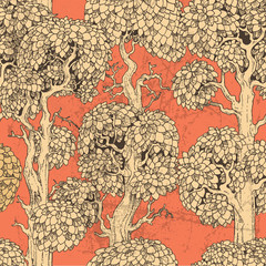 Seamless pattern of dark enchanted old trees graphic draw
