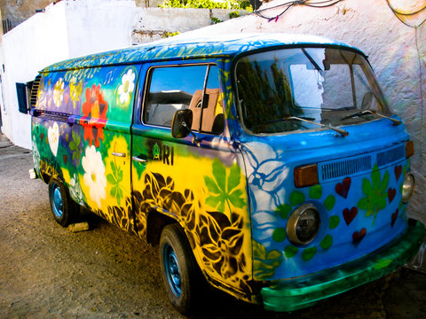 Colorful hippie car. Photographed at the first "Matala hippies reunion festival"