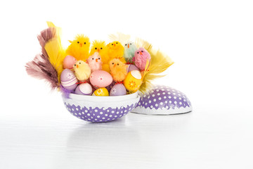 Happy Easter chicken family in an big Easter egg with small colorful Easter eggs and feathers.