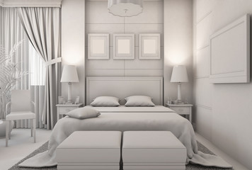 3D illustration of a bedroom in modern style without textures and materials
