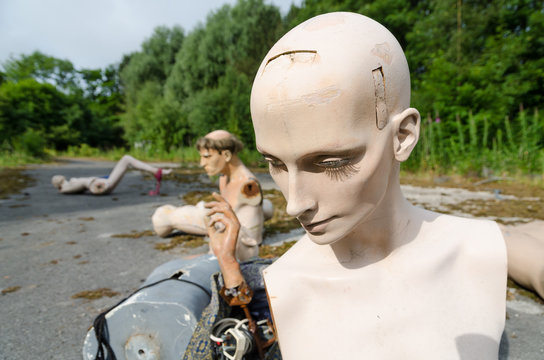 Lancashire, England, 06/08/2013, Abandoned theme park mannequins left to decay