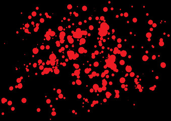 Naklejka na ściany i meble Vector splatter of blood in red color on black background. Bloody explosion on black background. Grainy blood texture blow. Red watercolor spray, drop on black background. Vector illustration. EPS 10.