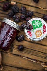 Blackberry jam in Jars, focus on the lid