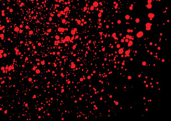 Fototapeta na wymiar Vector splatter of blood in red color on black background. Bloody explosion on black background. Grainy blood texture blow. Red watercolor spray, drop on black background. Vector illustration. EPS 10.