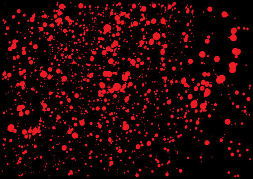 Vector Splatter Of Blood In Red Color On Black Background. Bloody Explosion On Black Background. Grainy Blood Texture Blow. Red Watercolor Spray, Drop On Black Background. Vector Illustration. EPS 10.