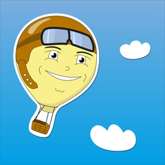Vector EPS10 illustration cartoon hot air balloon imaging vintage pilot flies in the blue sky