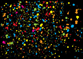 Colorful confetti isolated on black background. Abstract black background with many splattered falling round confetti pieces. Confetti random background Pattern made of calligraphy ink drops. Vector.