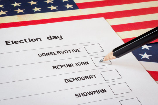 Elections ballot with USA flag background. Selection of a candidate from the Republicans