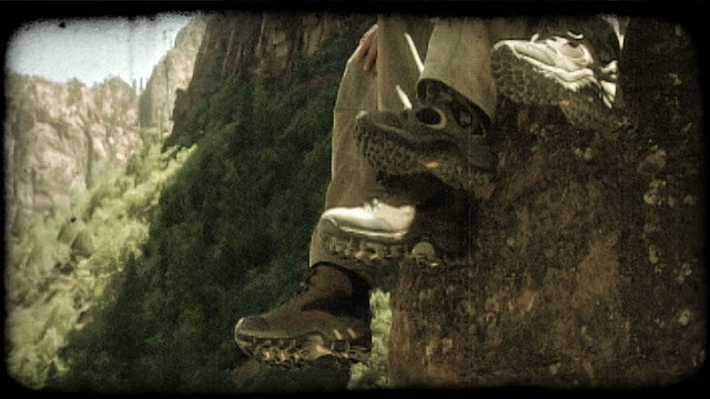 Mountain to legs. Vintage stylized video clip.