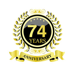 74 anniversary with glossy golden wreath and ribbon 