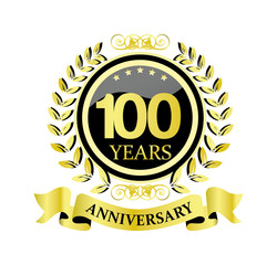 100 anniversary with glossy golden wreath and ribbon 