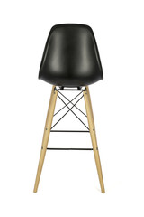 Black Plastic Bar Stool with Wooden Legs on White Background, Rear View