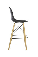 Black Plastic Bar Stool with Wooden Legs on White Background, Side View