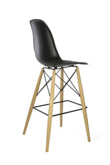 Black Plastic Bar Stool with Wooden Legs on White Background, Three Quarter Rear View
