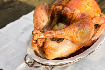 Roasted whole chicken / turkey for celebration and holiday. Christmas, thanksgiving, new year's eve dinner