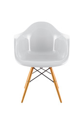 White Shiny Plastic Chair with Wooden Legs on White Background, Front View