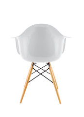 White Shiny Plastic Chair with Wooden Legs on White Background, Rear View