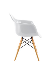 White Shiny Plastic Chair with Wooden Legs on White Background, Side View