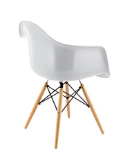 White Shiny Plastic Chair with Wooden Legs on White Background, Three Quarter Rear View