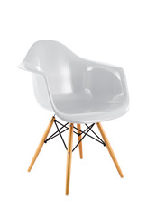 White Shiny Plastic Chair with Wooden Legs on White Background, Three Quarter View