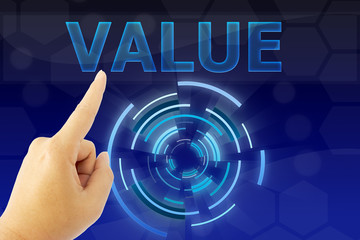 hand pointing "VALUE" word on blue digital background