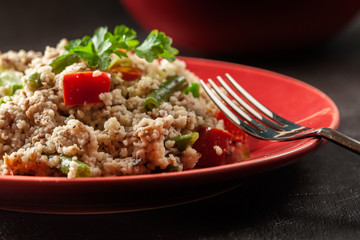 Salad couscous with tuna, bell pepper, cucumber, red onion and green beans
