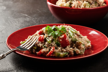 Salad couscous with tuna, bell pepper, cucumber, red onion and green beans