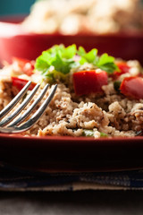 Salad couscous with tuna, bell pepper, cucumber, red onion and green beans