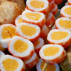 The close up of sliced crab meat on stick at Taipei street food market, Taiwan.